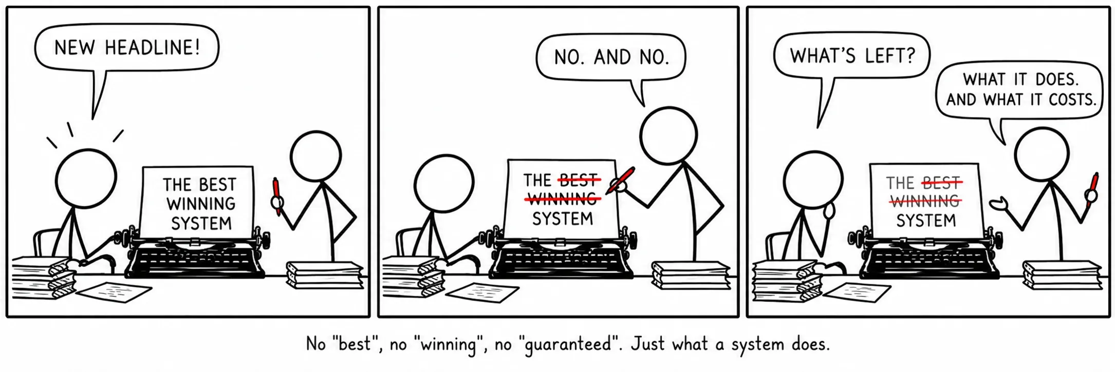 Nekādu „labākā”, „uzvarošā”, „garantēta”. Tikai tas, ko sistēma dara.